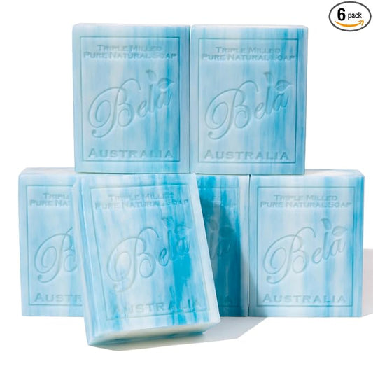 BELA Ocean Soap 3.3 OZ Pack of 6, Long Lasting French Triple Milled Bar Soap with Organic Shea Butter, Hand, Face and Body Wash Bar, Made in Australia