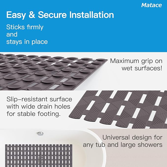 Bathtub Mat Non Slip - for Inside Bath Tub & Shower, Large 40x16 Inch, 261 Strong Suction Cups, Soft Textured Surface, Fast Drain & Quick Dry, Bathroom Safety Mat, Dark Gray, Matace