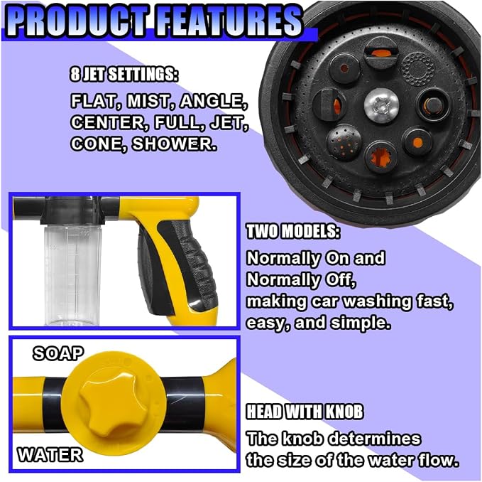 High Pressure Car Wash Foam Gun, 8 Way Spray Pattern Garden Hose Nozzle with 3.5oz/100cc Soap Dispenser, Adjustable Hose Spray Nozzle for Car Washing, Pet Shower, House Cleaning (Yellow)