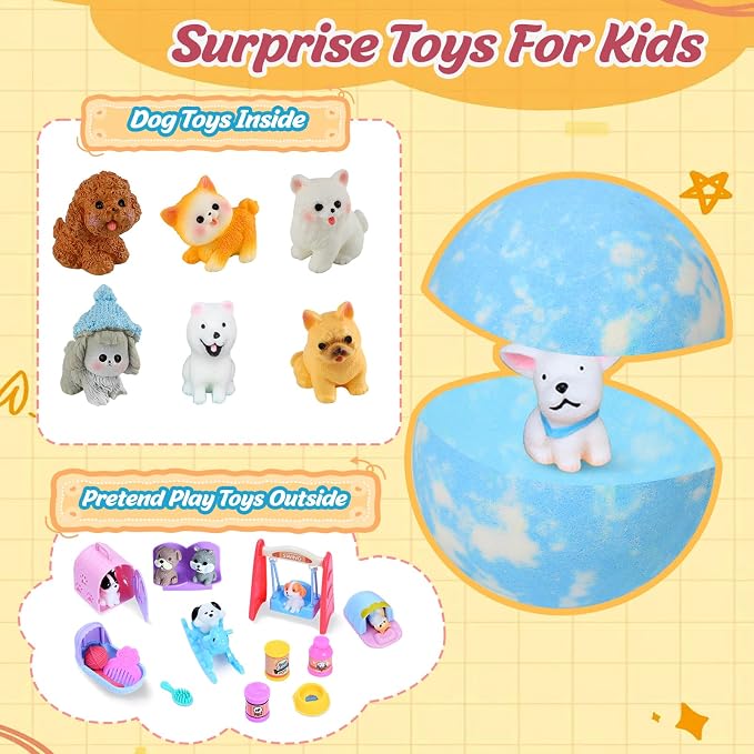 Bath Bombs for Kids with Toys Inside, 6 Pack Kids Bath Bombs with Puppy Dolls & Dog Pretend Playset Bath Toys，Surprise Birthday Gifts for Girls Boys, Bubble Bath Fizzies Ball Gift Set