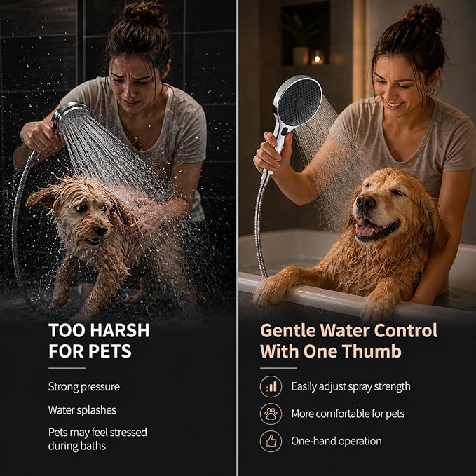 Handheld Shower Head with Scroll Wheel Flow Control, 4 Spray Settings with Built-in Continuous Power Wash, High Pressure Showerhead for Adults, Babies & Pets, Chrome (silver) (silver)