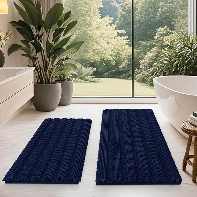 ACCUMTEK Striped Navy Blue Bathroom Rug Mat Set 2 piece 32"x20"+24"x17" Ultra Soft, Non Slip Chenille Bath Rugs, Absorbent Plush Shaggy Bath Mats for Bathroom, Bedroom, Kitchen, Shower, Tub