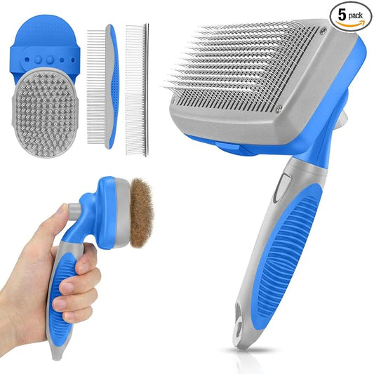 Self Cleaning Shedding Brush - 5-in-1 Professional Pet Grooming Kit Skin Friendly Grooming Tool for Dogs, Cats, and Puppies, Deshedding and Hair Removal for Long and Short Haired Pets（Blue-Grey）