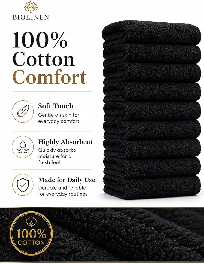BIOLINEN Salon Towels 24 Pack Black 15x25, 100% Cotton Hand Towels for Bathroom, Bleach Resistant Barber Esthetician Spa Gym Towels, Super Absorbent