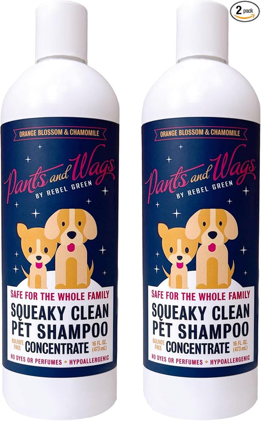 Pants & Wags by Rebel Green Squeaky Clean Pet Shampoo - Hypoallergenic Cat and Dog Shampoo for Gentle Cleansing & Hydration - Orange Blossom & Chamomile - No Dyes or Perfumes - 16 oz - 2 Pack