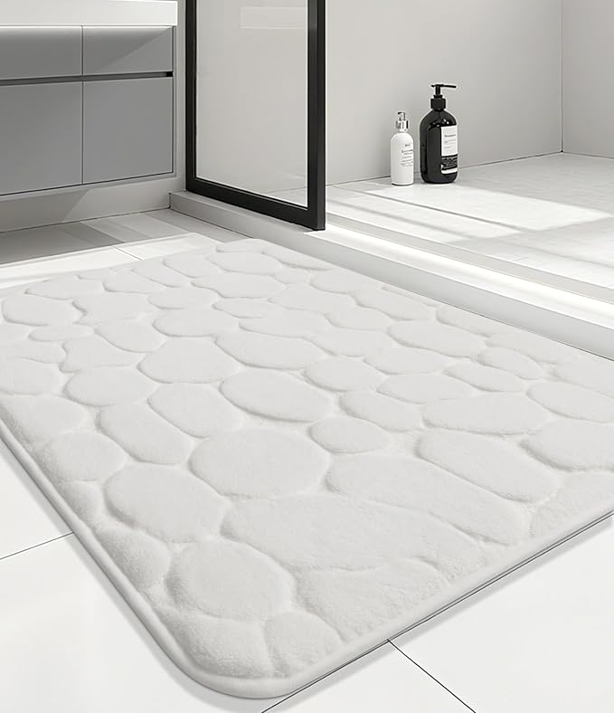 YIHOUSE Memory Foam Runner Rug, Cobblestone Bathroom Runner Rugs Super Water Absorbent Bath Mats for Bathroom Machine Washable Bath Rugs for Hallway Bedroom Laundry Room(20 x 47,White)