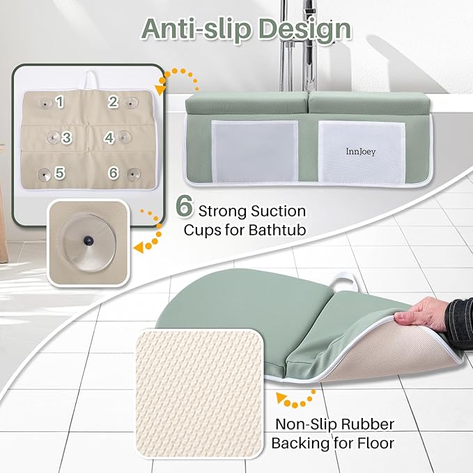 Kneeler and Elbow Rest Pad Set, 1.6'' Extra Thick Bath Support for Knees and Elbows, Memory Foam Bath Mat with Toy Organizer Pockets, Quick-Dry Kneeling Pad for Bathing Green