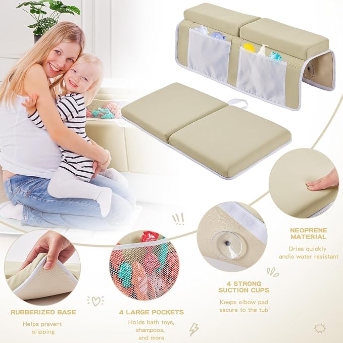 Baby Bath Kneeler and Elbow Rest Pad Set,Bath Kneeling Pad Thick Soft Quick Dry Bathtub Mat for Bathing Time,Baby Essentials Memory Foam with Toys Organizer Gifts for Parents,Khaki