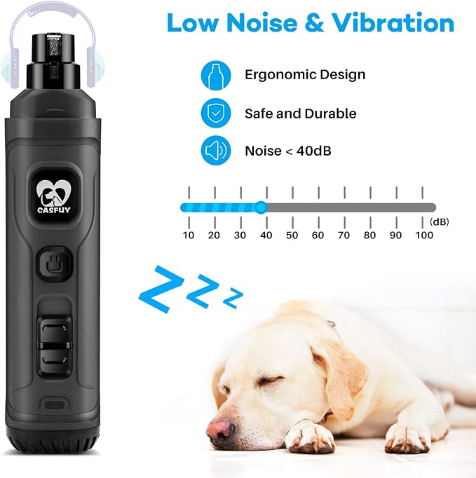 Casfuy Dog Nail Grinder with 2 LED Light - New Version 2-Speed Powerful Electric Pet Nail Trimmer Professional Quiet Painless Paws Grooming & Smoothing for Small Medium Large Dogs and Cats (Grey)