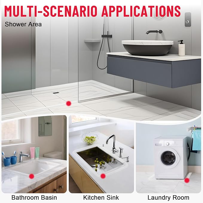 Collapsible Shower Threshold Water Dam - Self-Adhesive Silicone Barrier for Wet-Dry Separation - Flexible Splash Guard for Walk-In Showers, Bathroom Floor, & Kitchen Sink - ADA Accessible Profile
