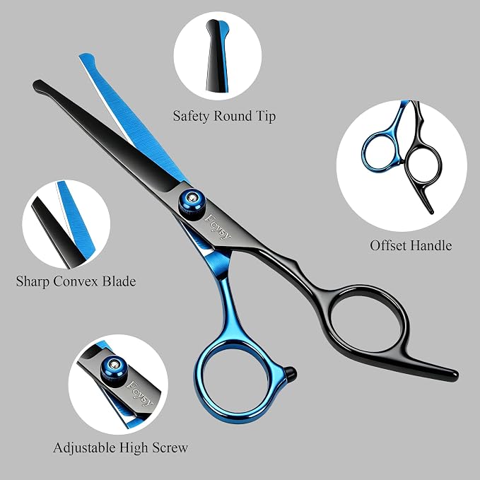 Dog Grooming Scissors Kit, Fcysy Professional Pet Shears for Cats at Home, Dog Grooming Tools with Curved & Straight Blades Scissors Thinning Shears Pet Supply Set