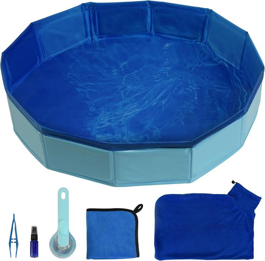 Bearded Dragon Foldable Bath Pool with Bath Brush, Bathrobe, Towel, Spray Pot and Tweezer, for Puppy Small Dogs Cats (Blue, 6 n 1 Set)