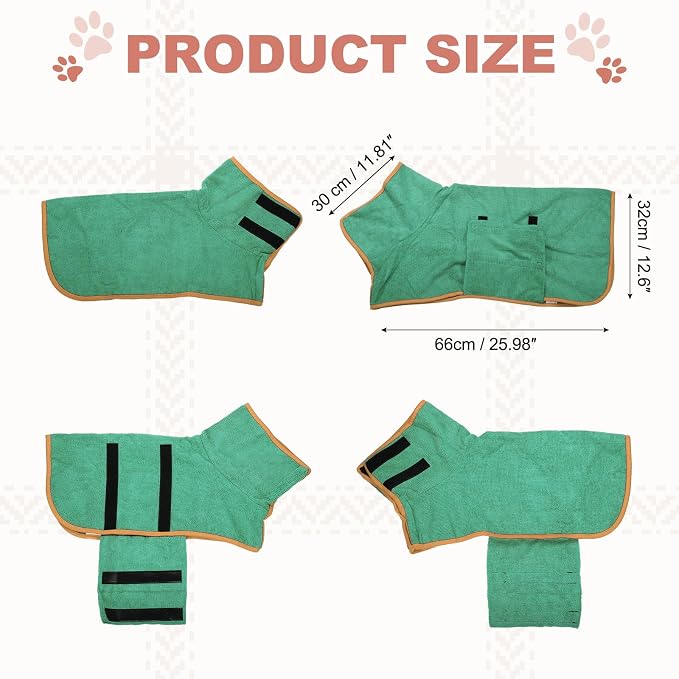Dog Drying Coat, Dog Robes for After Bath Bathrobe Super Absorbent Towel Soft Adjustable, (M, Dark Green), Intended for Fast Drying Warm Keeping Pet Cats Kitten Puppies