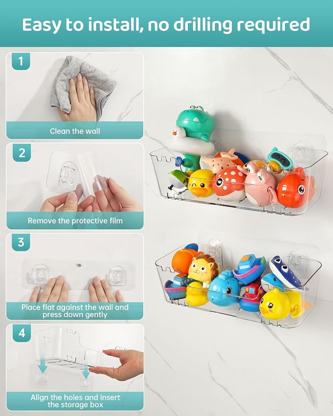 Bath Toy Storage Organizer 2 Pack, Transparent Bath Toy Holder with Drain Holes, Durable Plastic Bathtub Toy Storage for Bathroom, Quick-Dry Drainable Shower Caddy, Easy to Clean and Install