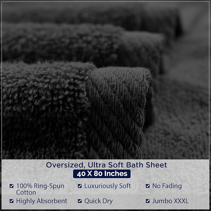 DAN RIVER Pack of 1 Jumbo Bath Sheet 40x80 Inches, Oversized Black Bath Towels, Fluffy and Thick Extra Large Bath Sheets