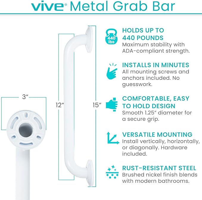 Vive Grab Bar for Showers - Bathroom Antislip Handrail for Seniors, Elderly Assistance Product, Heavy Duty Shower Handles, Handicap Grab Bars, Stainless Steel, Multipurpose, 440 lbs (White)