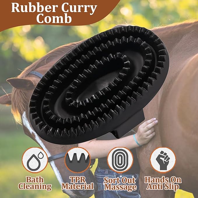Rubber Curry Comb with Handle, Horse Grooming Brush & Shampoo Brush for Dogs, Cats & Horses, Shedding Curry Comb for Short & Long Hair, Pet Bathing & Shower Supplies