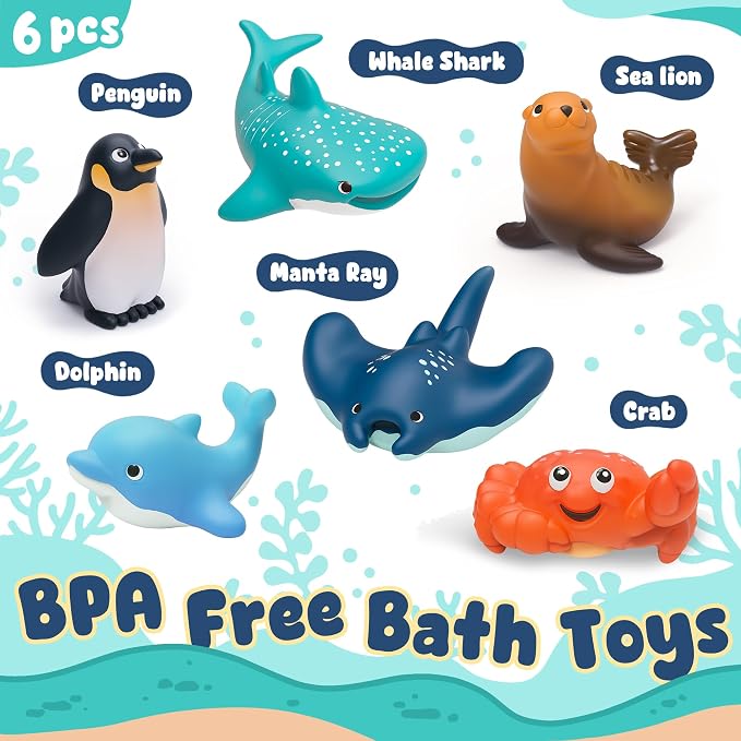 6-Pcs Ocean Animal Bath Toys for Toddlers 6M+, No Hole Mold Free Bathtub Toys, Whale Shark Dolphin Penguin Sea Animal Set for Baby Bath Time or Pool Water Play