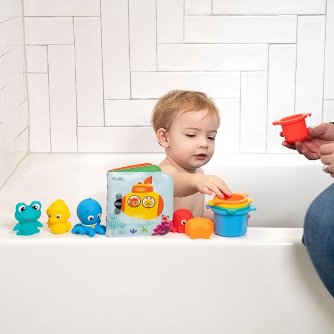 Baby Einstein Ocean Explorers Opus Bath Pals 11-Piece Gift Set, Waterproof Bath Book, Bath Cups, Animal Shape Bath Toys for Baby and Toddler, Ages 3 Months and Up