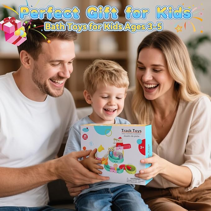 Fajiabao Bath Toys for Kids Ages 4-8 3-5 Fun DIY Bathtub Toys for Toddler | 38 PCS Modular Track with Magnetic Cars Easy-Assemble Slide for 3+ Year Old Boys Girls Gifts with Strong Suction Cups