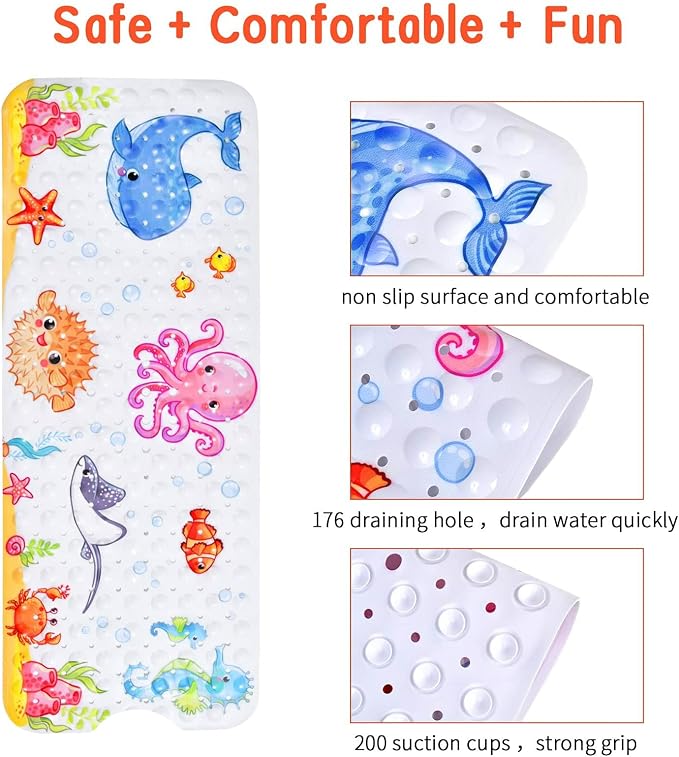 Bath Mat for Tub Non Slip, Machine Washable Anti Slip Cartoon Baby Bathtub Shower Mat with Drain Holes and Suction Cups for Toddler & Kids, 40 Inch x 16 Inch-Rectangular, Pink Octopus