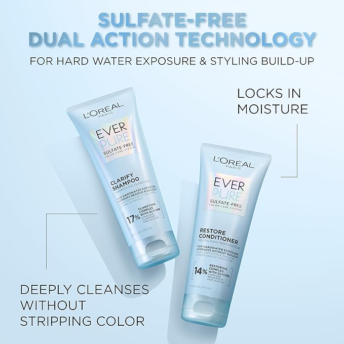 L'Oreal Paris Clarify and Restore Sulfate Free Shampoo and Conditioner Set with Antioxidants for Hard Water Exposure and Styling Build-up, EverPure, 1 Hair Care Kit