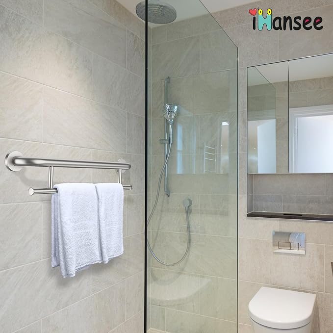 Brushed Nickel Grab Bar 24 Inch w/Towel Holder, iHansee Stainless Steel Towel Rack Shower Support Balanced Support Handle, Wall Mount Safety Handrail Grab Rail for Elderly Senior Handicap Disabled