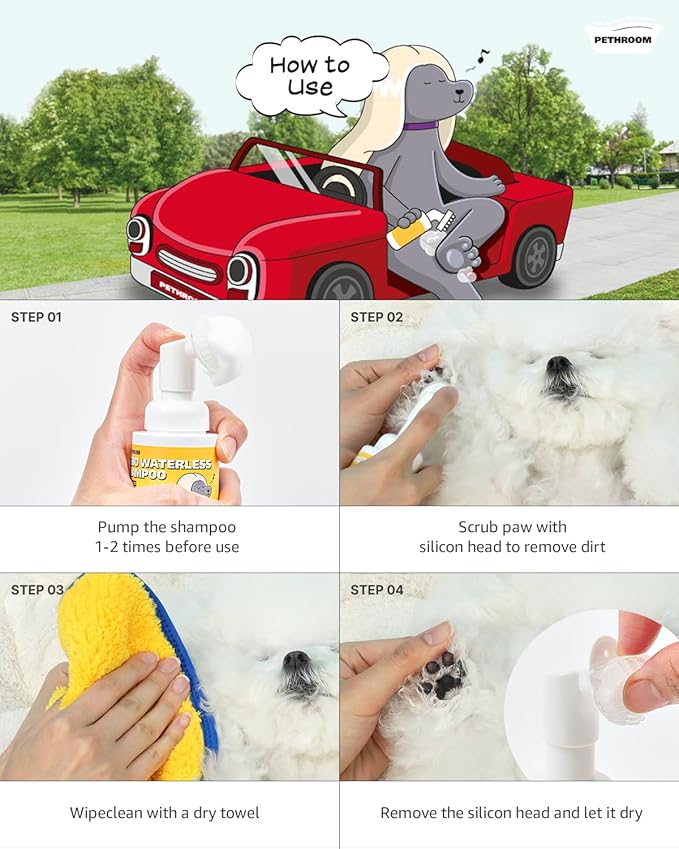 [PETHROOM] Zero Waterless Shampoo Foaming No-Rinse Dog Paw Wash | Quick-Dry & Deodorizing | Silicone Bristle Brush | Moisturizing & Hypoallergenic | Paw Cleaner for Dogs & Cats (2.87 fl oz.)