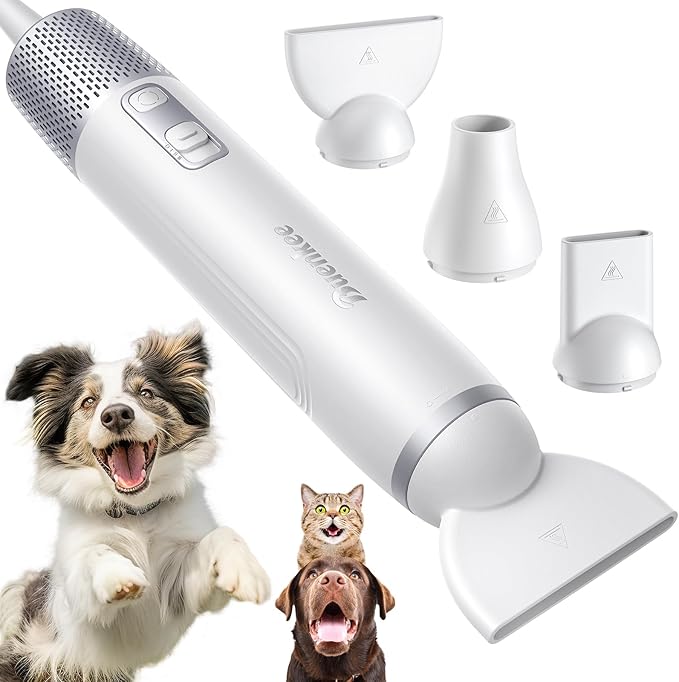 Buenkee Handheld Dog Dryer, 3HP High-Velocity Pet Hair Blower, White | 12 modes with 3 speeds and 4 temps, 1.2 lb lightweight, quiet under 65 dB, portable for home and travel, includes 3 nozzles