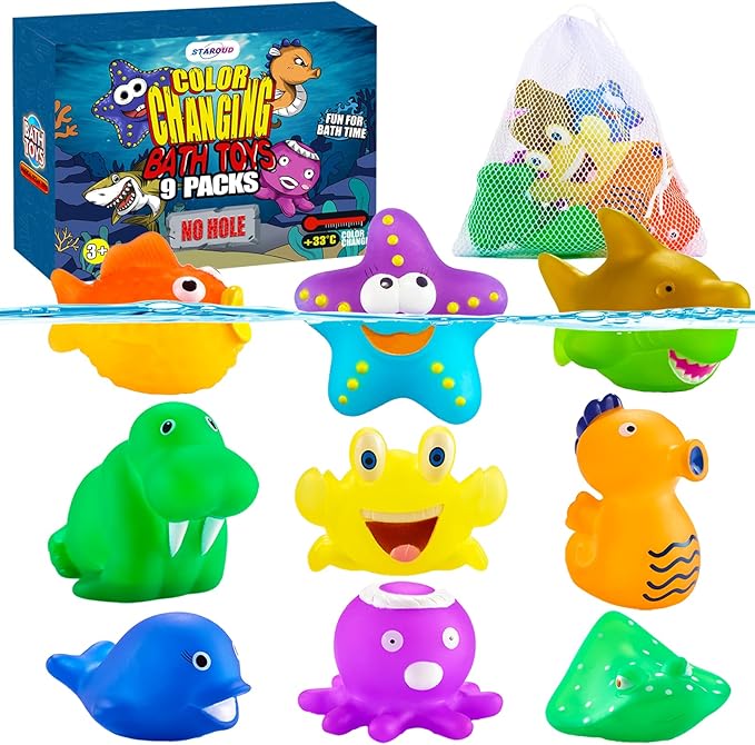 9 Packs Color Changing No Hole Bath Toys for Kids Toddlers Baby, Color Change Water Table Toys Sea Creatures Ocean Animal Bathtub Toys with Drying Bag