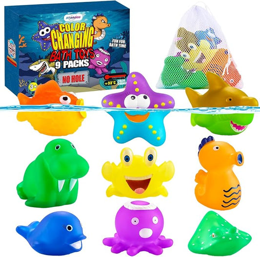 9 Packs Color Changing No Hole Bath Toys for Kids Toddlers Baby, Color Change Water Table Toys Sea Creatures Ocean Animal Bathtub Toys with Drying Bag