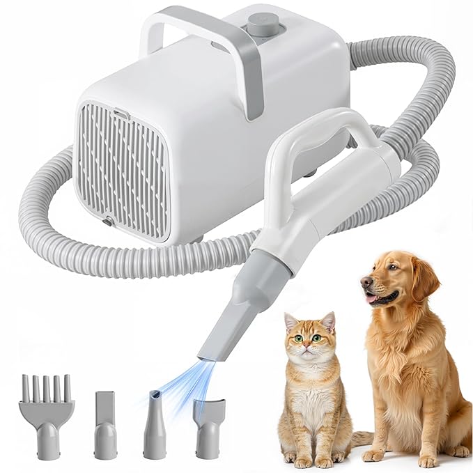 DUMOS Dog Blow Dryer Grooming Vacuum Kit, Cat Dog Hair Dryer with Adjustable Wind Speed & Heater Temperature, Cool-Warm-Hot Cycle Mode, 4 Nozzles, 6.5FT Cord for Low Noise Pet Hair Remover - White