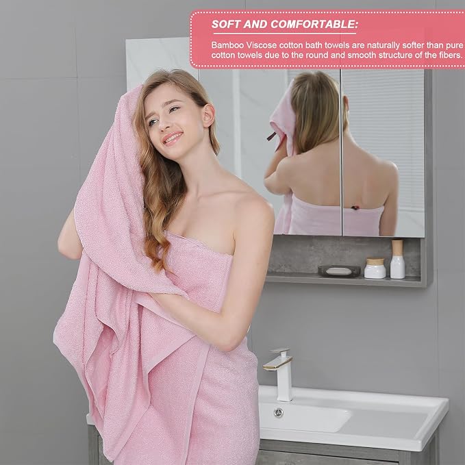 Aibaser Viscose from Bamboo and Cotton Bath Towels Set of 6-27x54 Inch Ultra Soft, Highly Absorbent Large Shower Towels for Bathroom, Spa & Gym (6 Piece Set) (Pink)