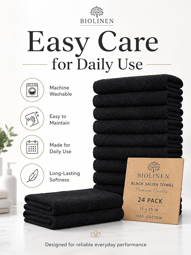 BIOLINEN Salon Towels 24 Pack Black 15x25, 100% Cotton Hand Towels for Bathroom, Bleach Resistant Barber Esthetician Spa Gym Towels, Super Absorbent