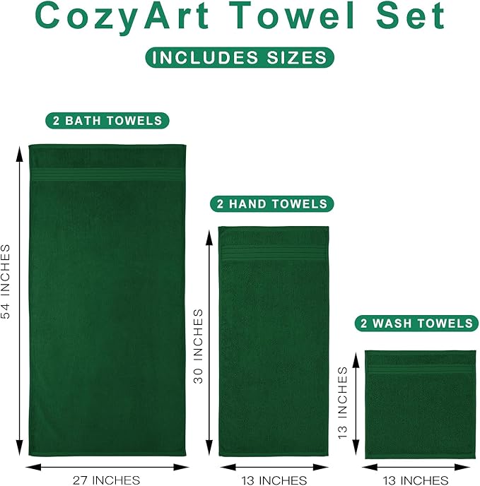 COZYART Formal Green Bath Towel Set 6 Piece, 100% Zero Twist Ring Spun Turkish Cotton 650GSM, Ultra Soft Absorbent Fast Dry Hotel Bathroom Towels
