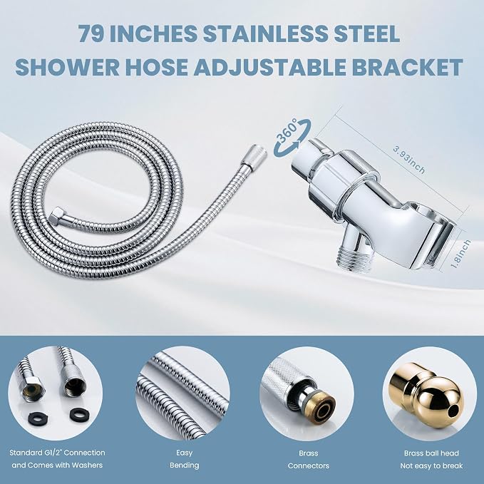 Handheld Shower Heads with ON OFF Switch,Extra Long 79-inch Hose 8 Spray Settings High Pressure Detachable Showerhead,Built-in Power Sprayer to Clean Pets, Adjustable Angle Bracket,Silver