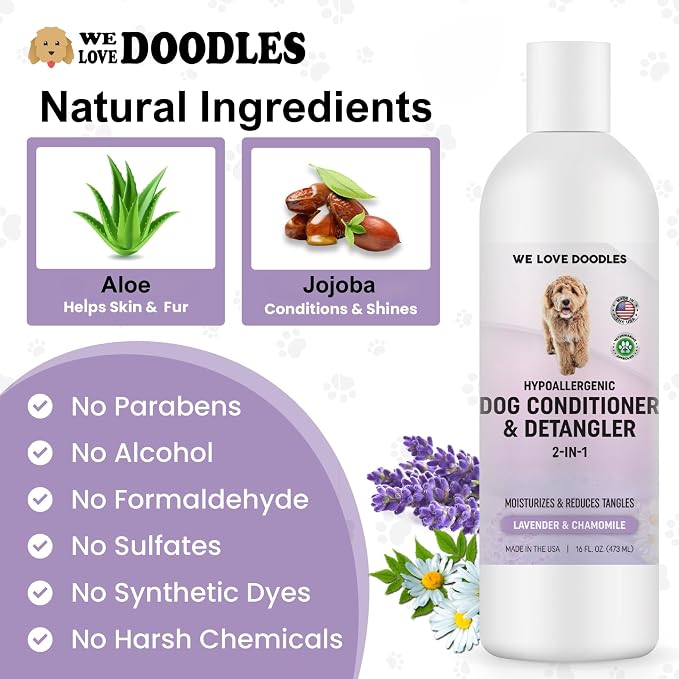 We Love Doodles Dog Conditioner & Detangler, 2-in-1 Conditioner for Allergies & Itching, Lavender and Chamomile, Made in USA, Dog Lotion Treatment, Perfect for Poodles, Doodles & Goldendoodles,16oz