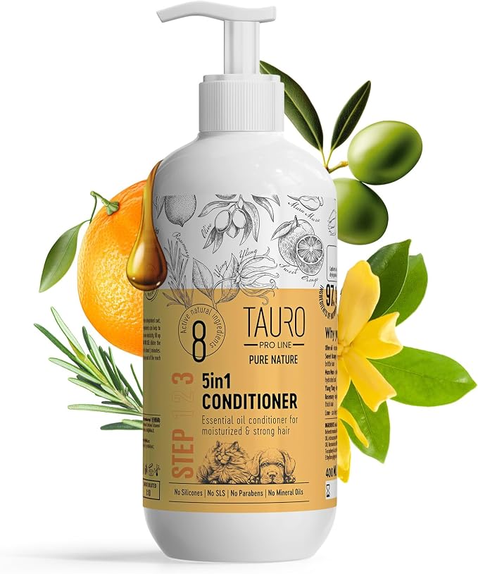 Tauro Pro Line 5in1 Dog Conditioner Detangler, Moisturizing Pet Wash for Dry Skin Daily Care, Gentle Cat & Puppy Conditioner (13.5 Fl Oz)