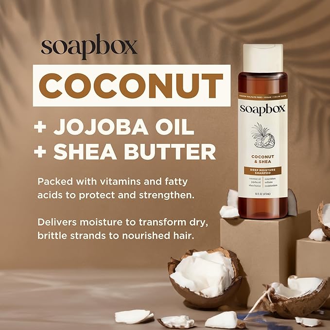 Soapbox Coconut & Shea Shampoo & Conditioner Set, For Dry, Damaged Hair - Nourishes & Moisturizes Hair - Clean Ingredients Free of Harsh Chemicals, Sulfates, Parabens & Silicones - 16 oz Each