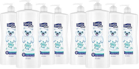 Suave Kids 3-in-1 Shampoo Conditioner Body Wash Purely Fun Makes Bath Time Quick and Easy,Paraben Free and Dermatologist Tested Kids Shampoo 3 in 1 Formula 28 Fl Oz,(Pack of 8)