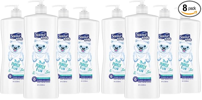 Suave Kids 3-in-1 Shampoo Conditioner Body Wash Purely Fun Makes Bath Time Quick and Easy,Paraben Free and Dermatologist Tested Kids Shampoo 3 in 1 Formula 28 Fl Oz,(Pack of 8)