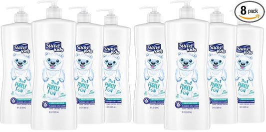 Suave Kids 3-in-1 Shampoo Conditioner Body Wash Purely Fun Makes Bath Time Quick and Easy,Paraben Free and Dermatologist Tested Kids Shampoo 3 in 1 Formula 28 Fl Oz,(Pack of 8)