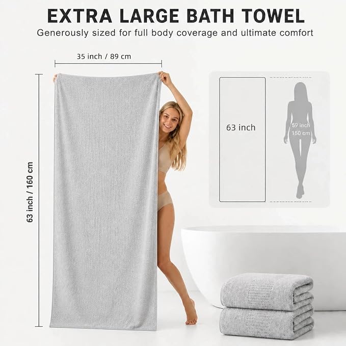 SEISSO 4 Pack Extra Large Bath Towels 63"x35", Bath Sheets for Sensitive Skin 70% Polyester 30% Viscose Fiber from Bamboo, Super Soft, Highly Absorbent & Quick Dry, Oversized
