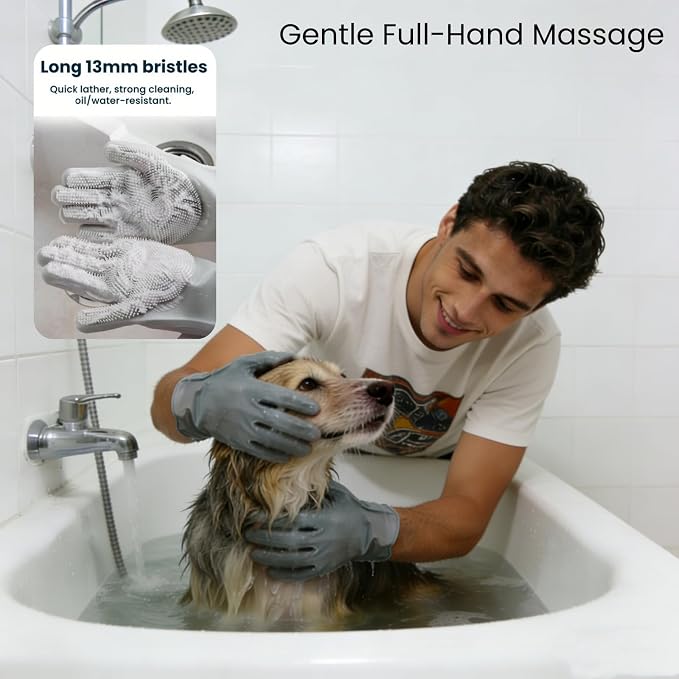 6 Pack Dog Towels for Drying Dogs, Bath Supplies Bath Grooming Kit for Pets, Pet Bath Towel Super Absorbent Set with Hair Brush, Washing Gloves for Large or Small Cats,Beige