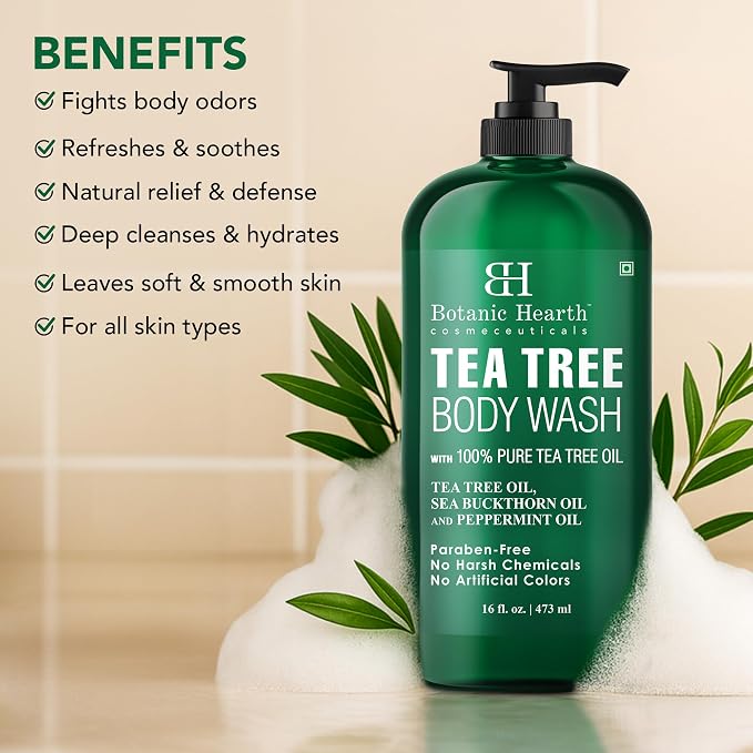 Botanic Hearth Tea Tree Body Wash, 16 Fl Oz (473 ml) | Enriched With Tea Tree Oil, Peppermint & Sea Buckthorn | Gently Cleanses, Refreshes & Nourishes Skin | Sulfate & Paraben Free | For Men & Women