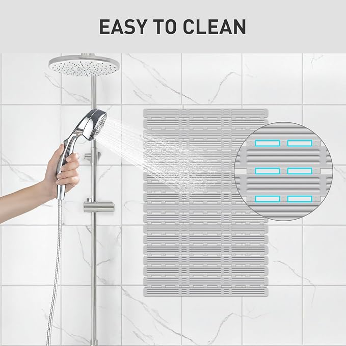 XIYUNTE Shower Mat Non Slip Bath Mat for Tub - 27 X 16 Inch TPE Bathtub Mat Non Slip Shower Mats for Inside Shower, Bath Tub Mat with Powerful Suction Cup, Easy to Cut and Dry, Light Grey