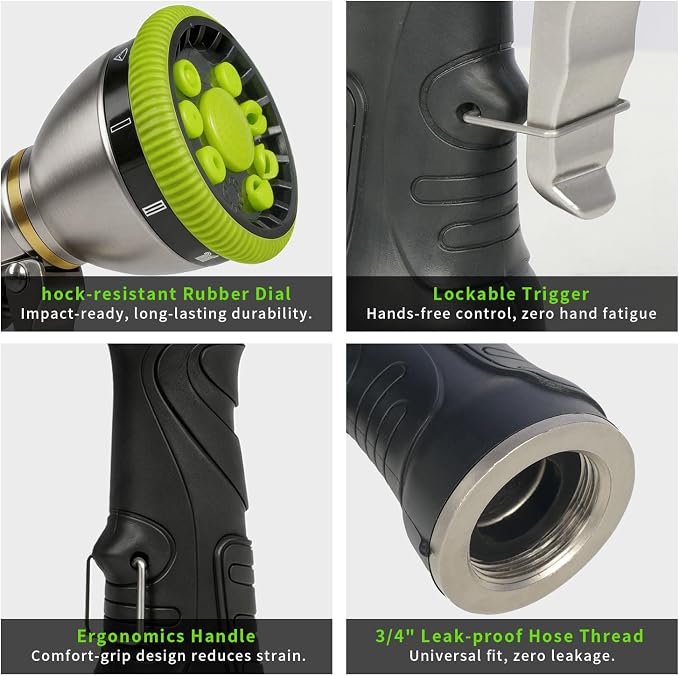 Besiter Garden Nozzle Sprayer, High Pressure Metal Water Hose Sprayer with 9 Watering Patterns, Heavy Duty Sprayer for Washing Cars, Watering Plants, Cleaning Yard & Showering Pets (Green)