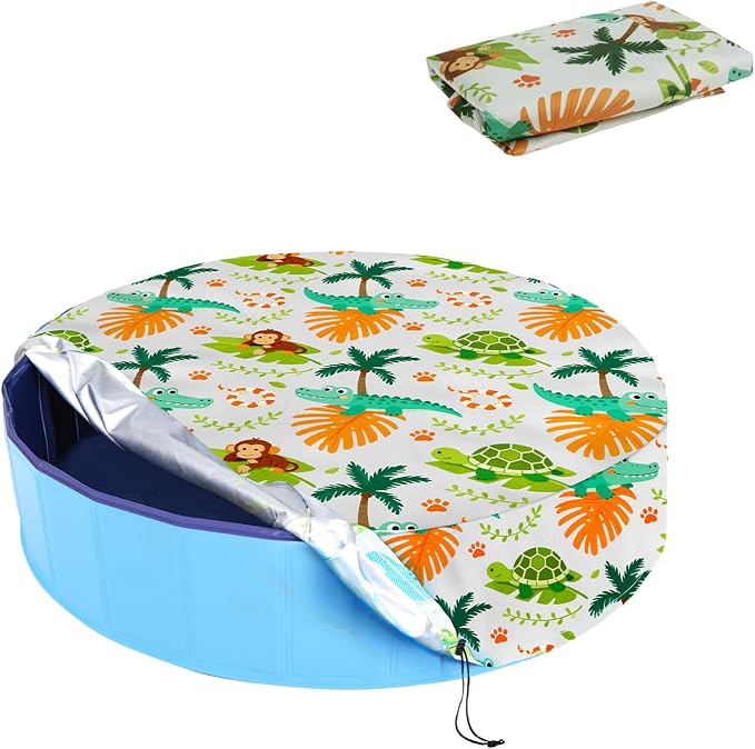 Foldable Dog Pool Cover – Waterproof Round Pet Dog Kiddie Bath Tub Lid Cover, Fit for 32/48/63 Inch Pools, Outdoor Portable Puppy Pool Accessories (M-48 * 12, Beach Element-2)