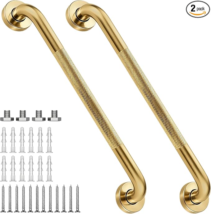 16 Inch Shower Grab Bar 1.25" Dia, 2 Pack Gold Anti Slip Bathroom Grab Bar, 304 Stainless Steel Knurled Handicap Grab Bars, Safety Support Handrail,Bath Shower Handle for Elderly Injury Senior