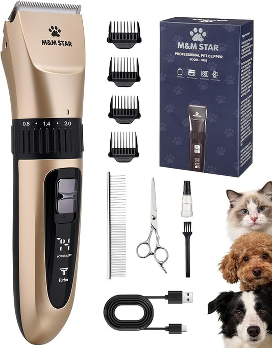 M&M STAR Dog Grooming Kit, Low Noise Dog Clippers, 2-Speed IPX7 Waterproof, Rechargeable Cordless Pet Hair Clippers Trimmer Shaver with LED Display for Dogs and Cats, Gold